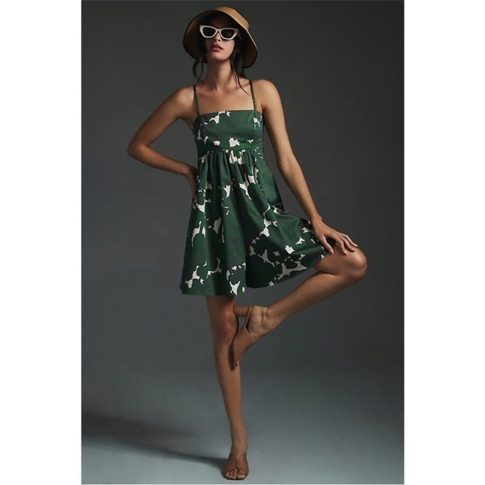 Anthropologie Dark Green and White Floral Sundress